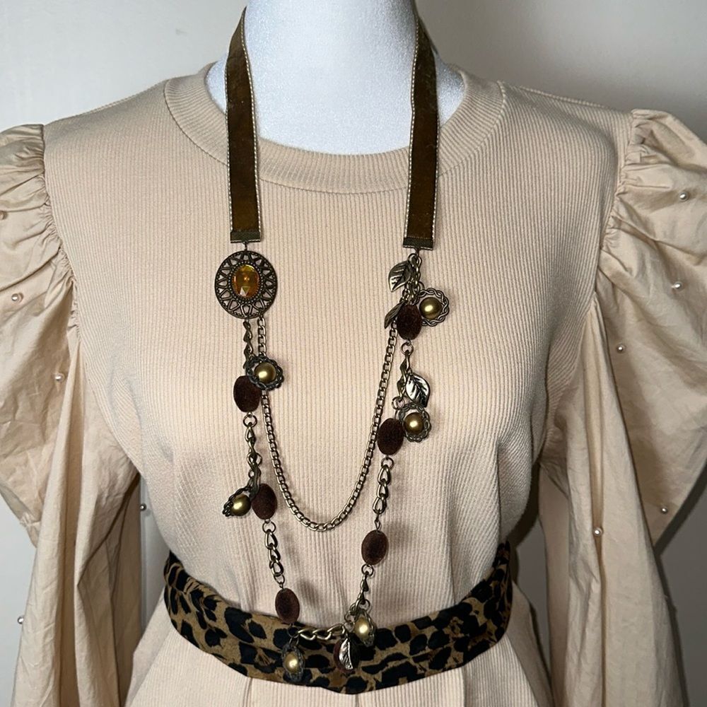 Caramel Brown Velvet Combination Bohemian Southwestern Brass Tone Necklace